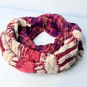 Free People Plaid Knit Wool Blend Infinity Scarf Red Cream Silk Mohair